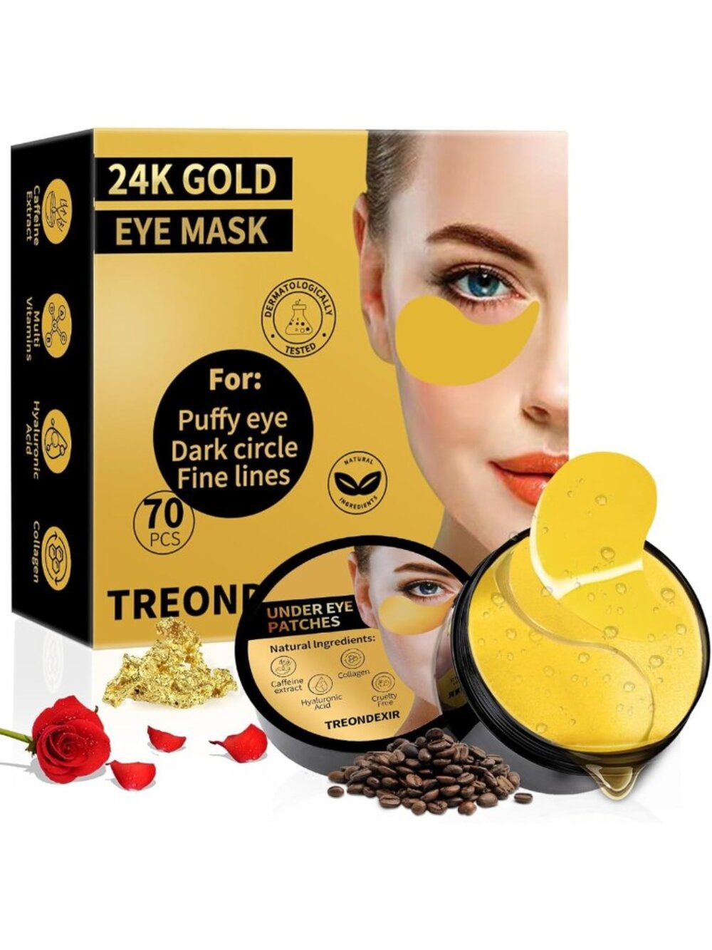 24K Gold Under Eye Masks for Dark Circles & Puffiness - 70PCS Gel Pads with